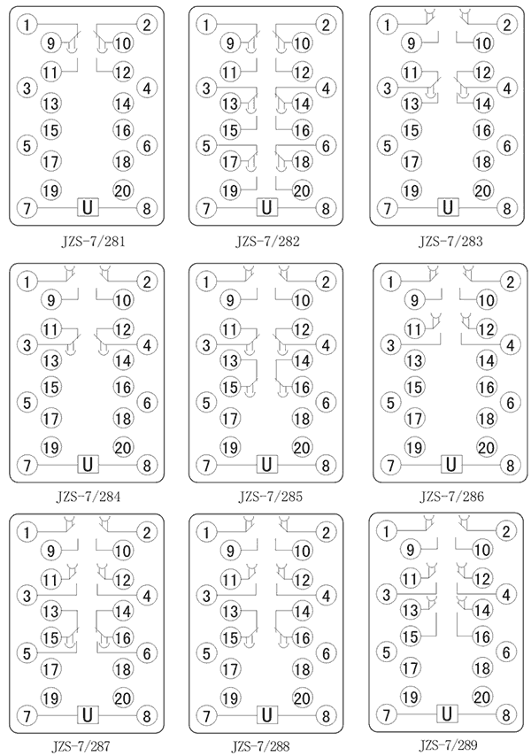 JZS-7/287斷電延時中間繼電器內部接線圖